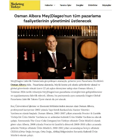 Marketing Türkiye / Osman Albora Mey|Diageo'nun tüm pazarlama faaliyetlerinin yönetimini üstlenecek